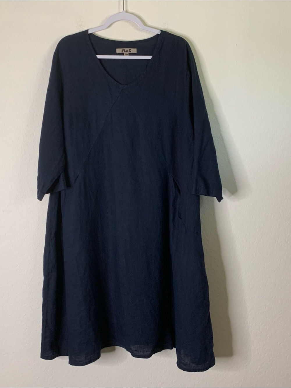 Flax Womens navy linen long sleeve A line midi dress 1G